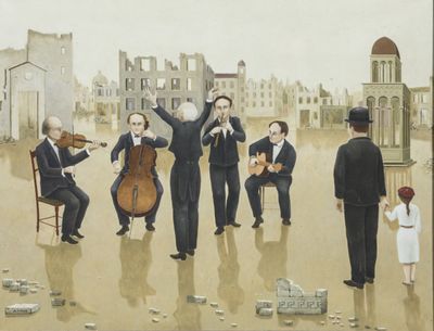 un tableau représentant un groupe d'hommes jouant de la musique ensemble