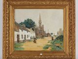 an image of a painting of a village street with a church in the background