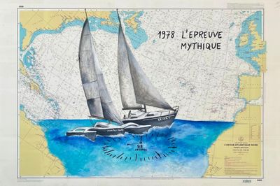 un dessin représentant un voilier sur l'eau, avec une carte en arrière-plan