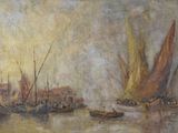 a painting of boats on the water with buildings in the background