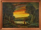 an oil painting of two people in a boat on a river