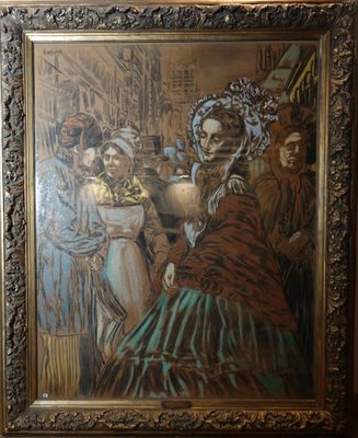 une image représentant un tableau sur lequel figurent une femme en robe et un homme en costume