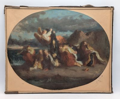 an image of a painting of a group of people sitting on a beach