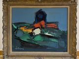 a painting of a man on a boat in the water