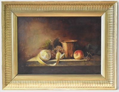 painting of a still life of fruit and a pitcher on a table