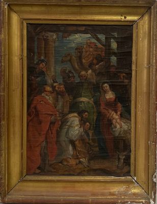 une peinture à l'huile représentant un groupe de personnes rassemblées autour d'une crèche
