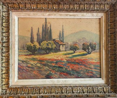 painting of a landscape with a house and trees in a gold frame