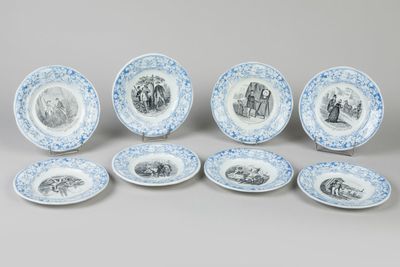 six blue and white plates with images of people on them