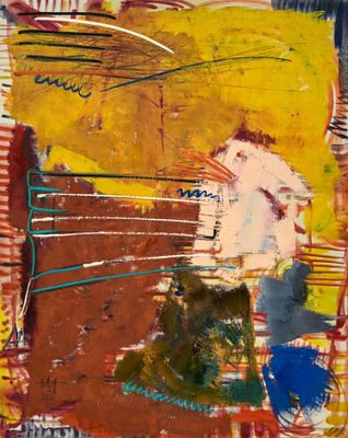 une peinture abstraite représentant un homme tenant une raquette de tennis à la main