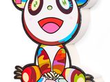 a panda bear sitting on top of a colorful ball