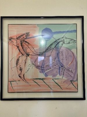 peinture sur le mur d'une pièce représentant un homme à cheval