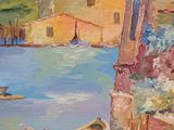 a painting of a boat in the water near a building
