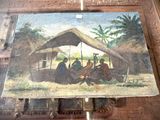 a painting of a group of people sitting outside of a hut