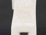 a close up of a small white object on a black background