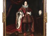 portrait d'une femme en robe rouge, avec un châle blanc et un chat noir