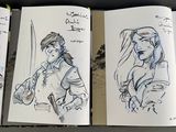 three pages of a book with drawings of a woman and a man