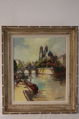 tableau représentant un bateau sur une rivière, avec un château en arrière-plan