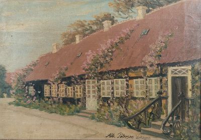 tableau représentant un gîte rural avec un vélo garé au bord de la route
