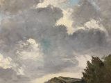 a painting of cows grazing in a field under a cloudy sky