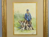 tableau représentant un homme et deux chiens dans un champ, dans un cadre doré