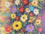 a painting of a vase filled with colorful flowers on top of a table