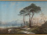 une peinture à l'huile représentant un paysage avec un lac et des arbres