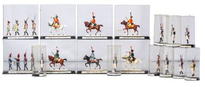 a lot of figurines of men riding horses in glass cases
