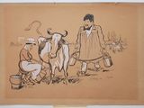 drawing of a woman and two cows in a field with a man standing next to them