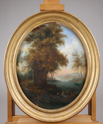 une peinture à l'huile représentant un paysage boisé avec une rivière au loin