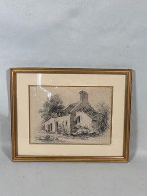 un vieux dessin représentant une maison, encadré dans un cadre doré et accroché au mur