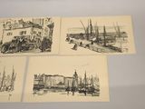 three black and white drawings of people and boats in a harbor