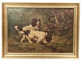 a painting of two spaniels in a field with trees in the background
