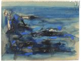une image d'une peinture représentant une plage avec des rochers et de l'eau