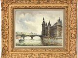 une peinture représentant un pont sur une rivière avec un château à l'arrière-plan