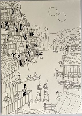 un dessin en noir et blanc représentant une ville avec des personnages
