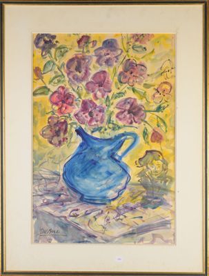 un tableau représentant un vase bleu contenant des fleurs