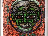 an image of a painting of a man ' s face on an orange background