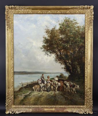 une image représentant un tableau montrant un groupe de chevaux au bord d'une rivière