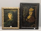 deux tableaux encadrés représentant une femme et un homme coiffé d'un chapeau