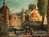 an old painting of a train traveling down a street next to a church