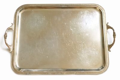 plateau de service plaqué argent avec poignées et anses en corde