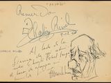 a black and white drawing of a man ' s face with a handwritten note