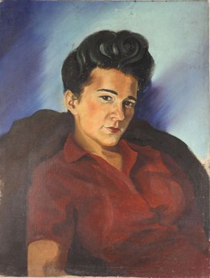 painting of a woman in a red shirt and black hair