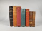 plusieurs vieux livres sont alignés sur une surface blanche