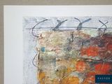 painting of a wall with barbed wire on it with a blue border around it