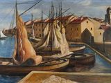 une peinture de bateaux dans un port avec des bâtiments à l'arrière-plan