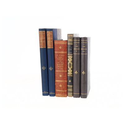 Plusieurs livres anciens sont alignés sur une étagère, sur fond blanc.