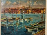 une peinture de bateaux dans un port avec des bâtiments à l'arrière-plan