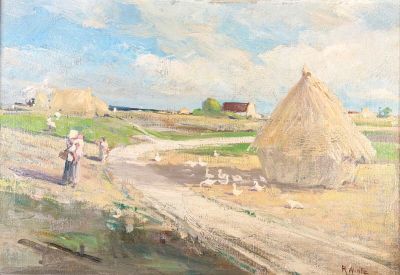 painting of a woman walking down a dirt road past a hay field