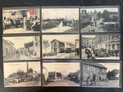 several old black and white photographs of people and vehicles on a street
